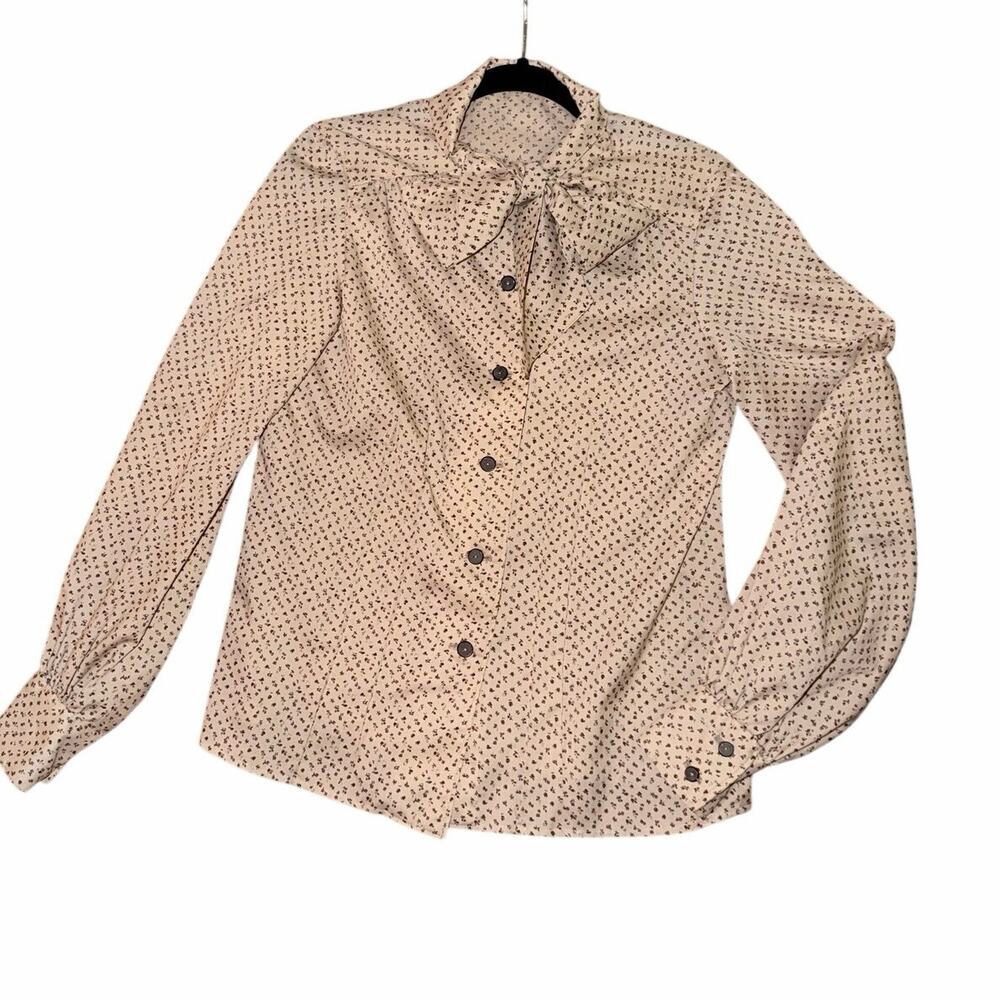 Vintage light tan ditsy print floral long sleeve blouse handmade neck bow tie